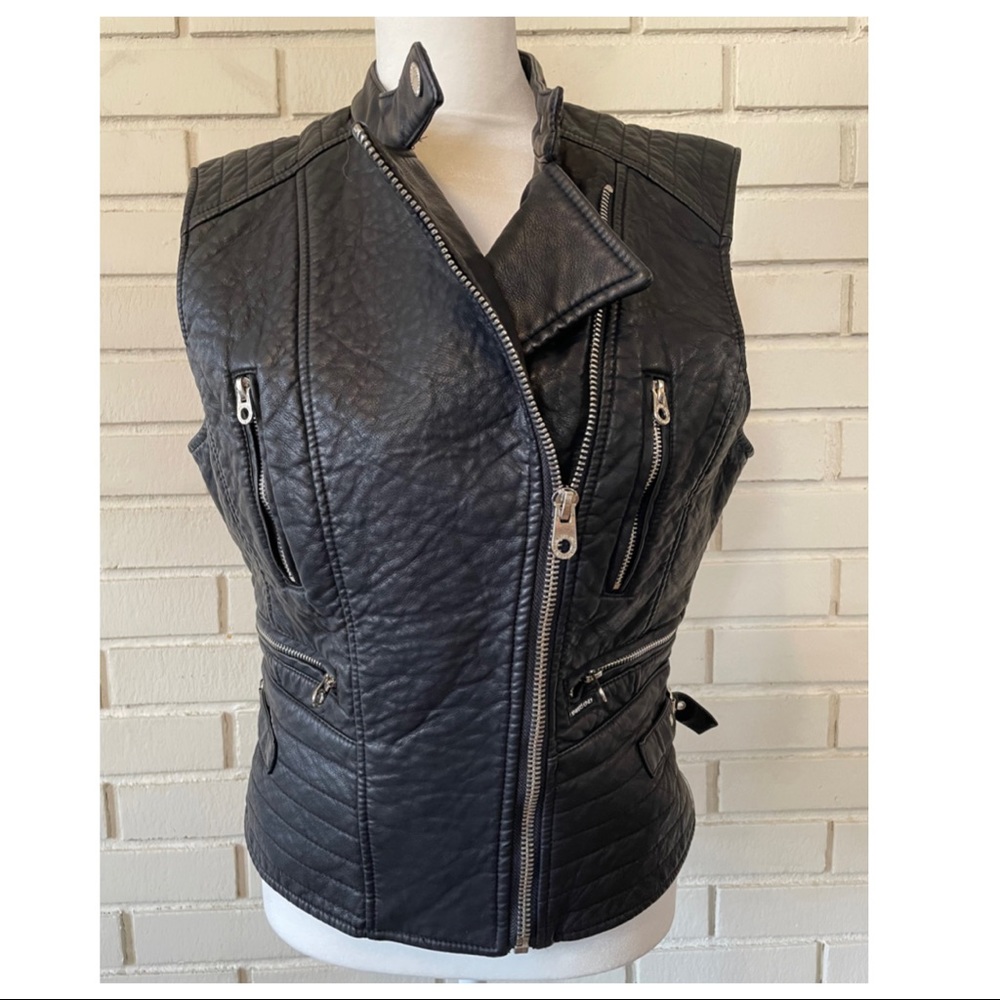 Members Only Black Quilted Faux Leather Moto Vest